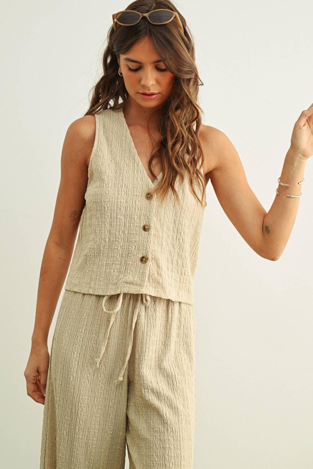 The Capri Crinkle Button Top